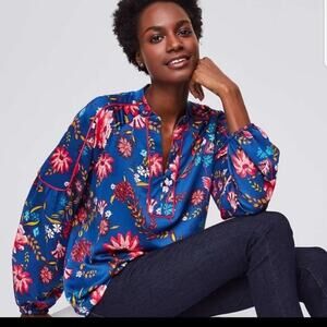 Loft EUC Women's Blue Floral Split Neck Bright Blouse Size S